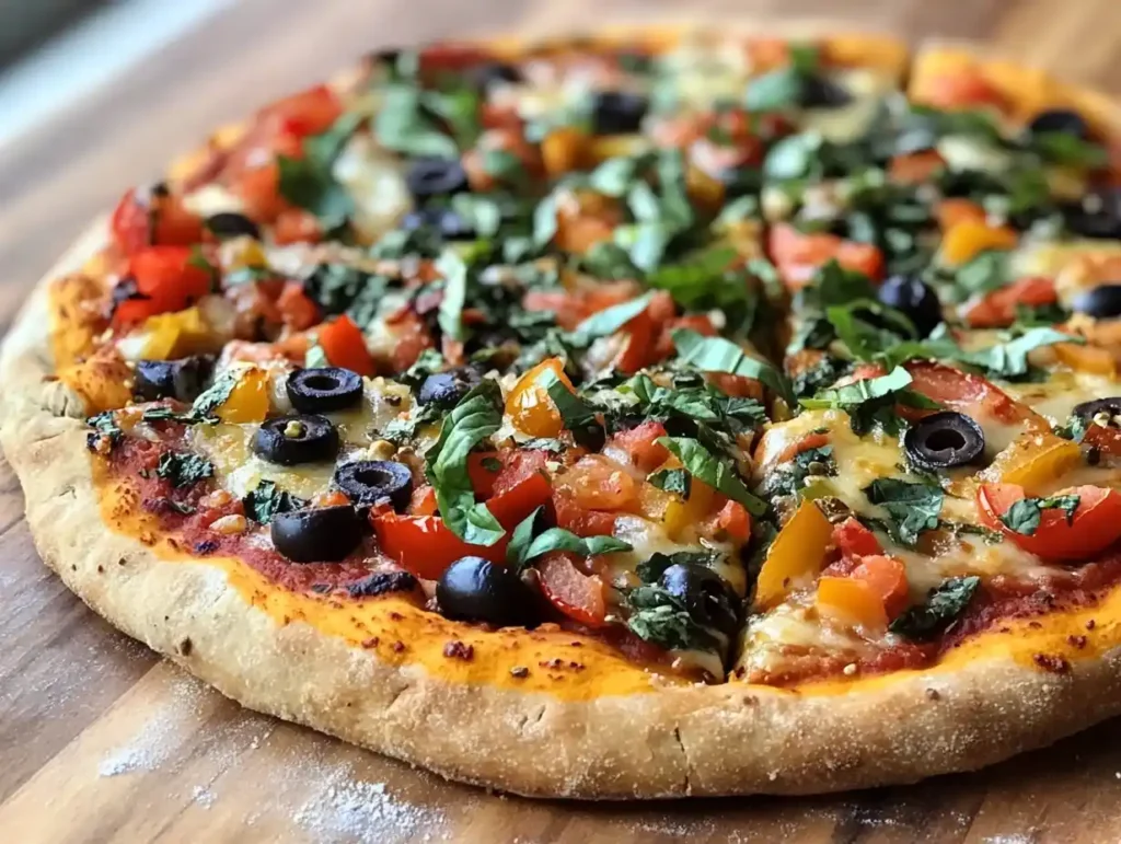 A dairy-free pizza topped with colorful vegetables and plant-based cheese on a rustic wooden table.