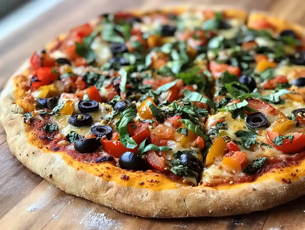 A dairy-free pizza topped with colorful vegetables and plant-based cheese on a rustic wooden table.