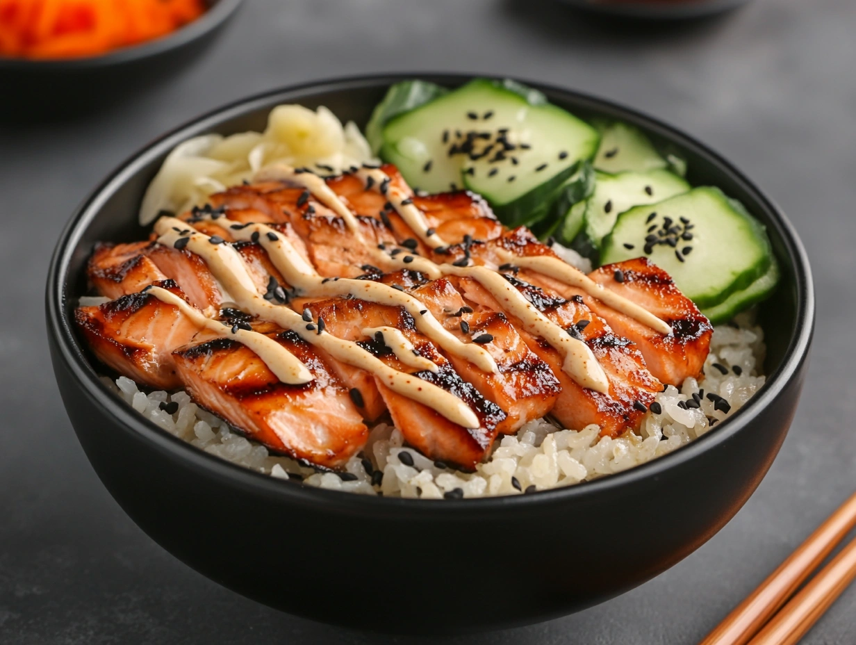 Modern salmon rice bowl with seared salmon and vegetables.