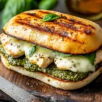 Close-up of a grilled pesto chicken sandwich with melted cheese and fresh basil leaves.