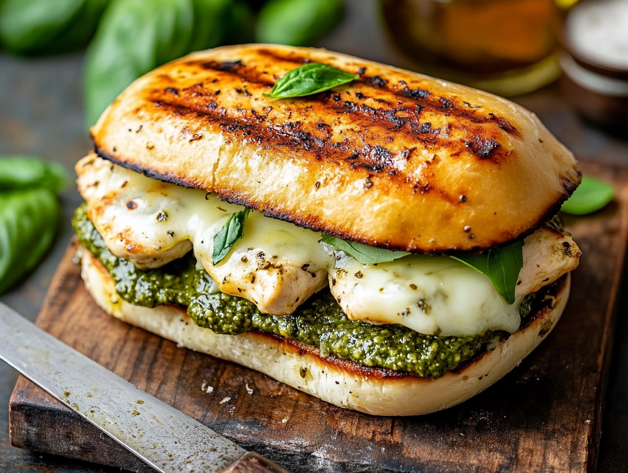 Close-up of a grilled pesto chicken sandwich with melted cheese and fresh basil leaves.