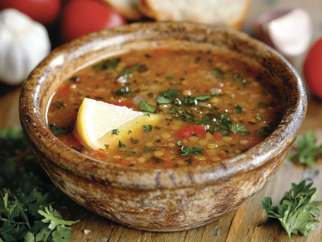 A bowl of Mediterranean Lentil Soup garnished with parsley and lemon, surrounded by fresh ingredients.