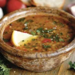 A bowl of Mediterranean Lentil Soup garnished with parsley and lemon, surrounded by fresh ingredients.