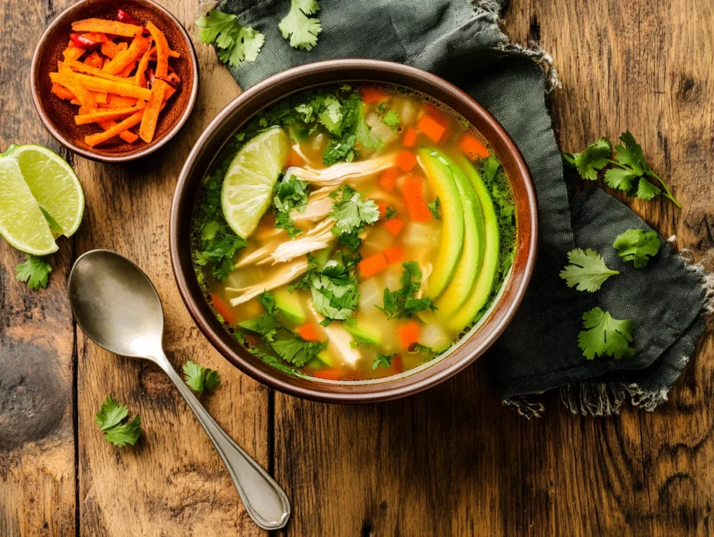 A bowl of Mexican Chicken Soup garnished with avocado, cilantro, and lime on a rustic table