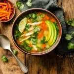 A bowl of Mexican Chicken Soup garnished with avocado, cilantro, and lime on a rustic table