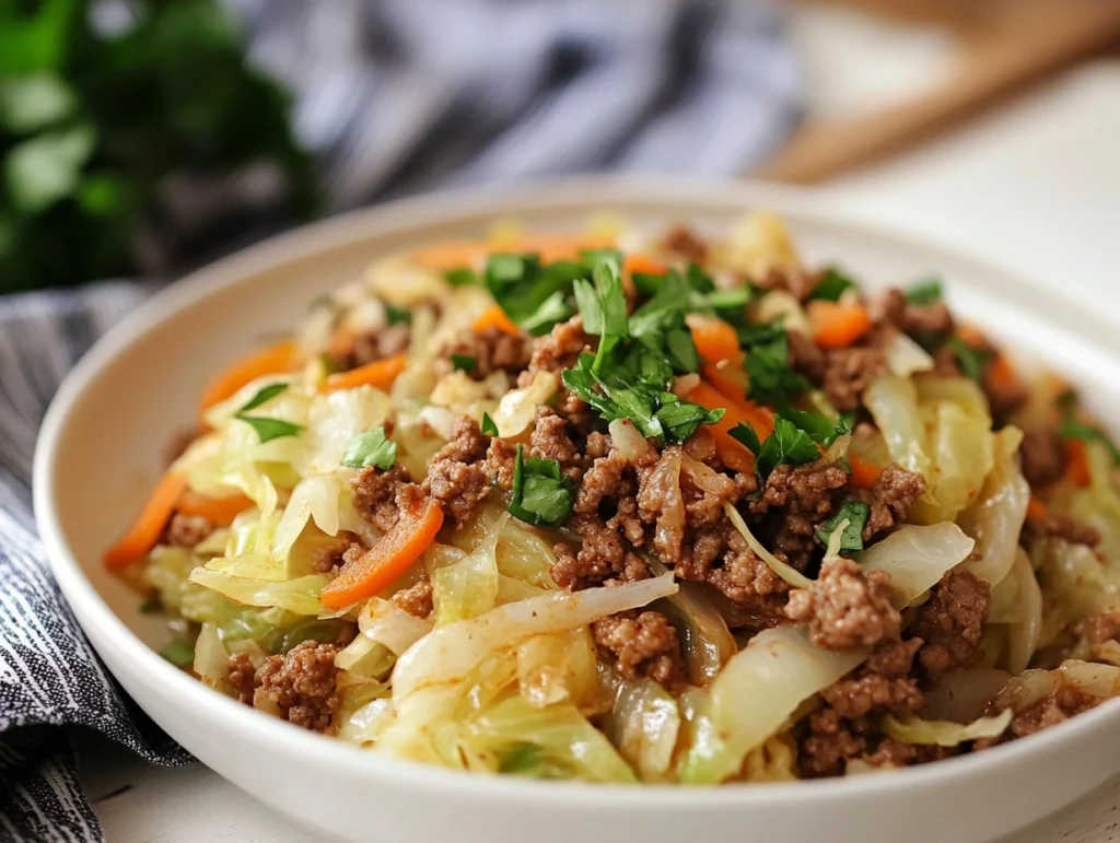 Ground beef cabbage recipe in a skillet with fresh ingredients.