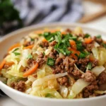 Ground beef cabbage recipe in a skillet with fresh ingredients.